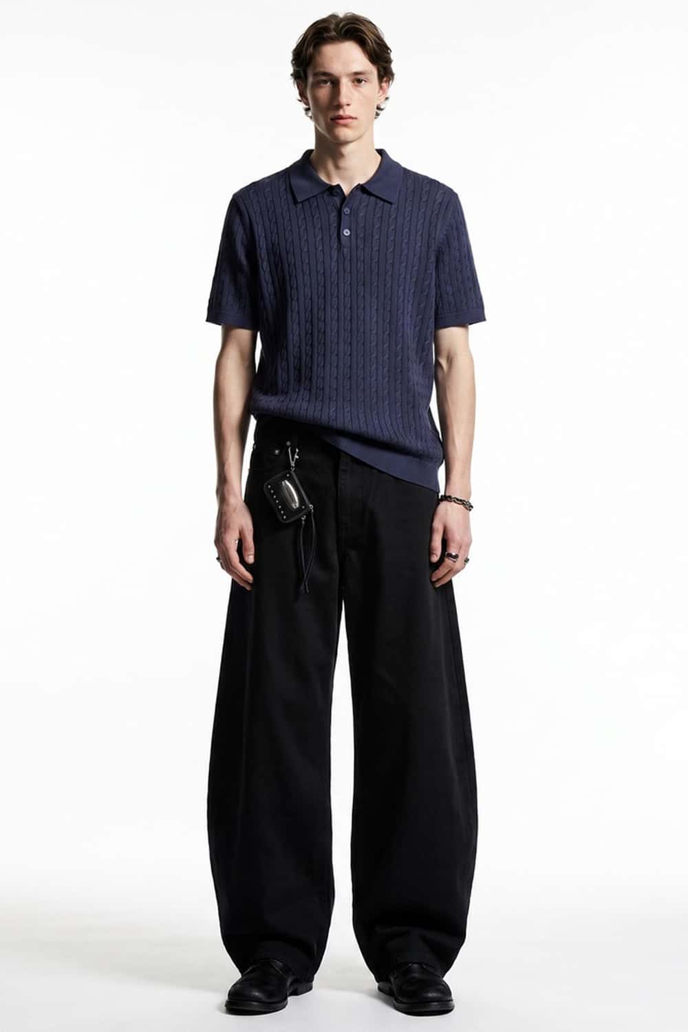Lightweight Cable-Knit Polo Shirt in Navy Blue - full-length front modeled view