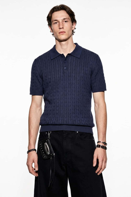 Lightweight Cable-Knit Polo Shirt in Navy Blue - front modeled view