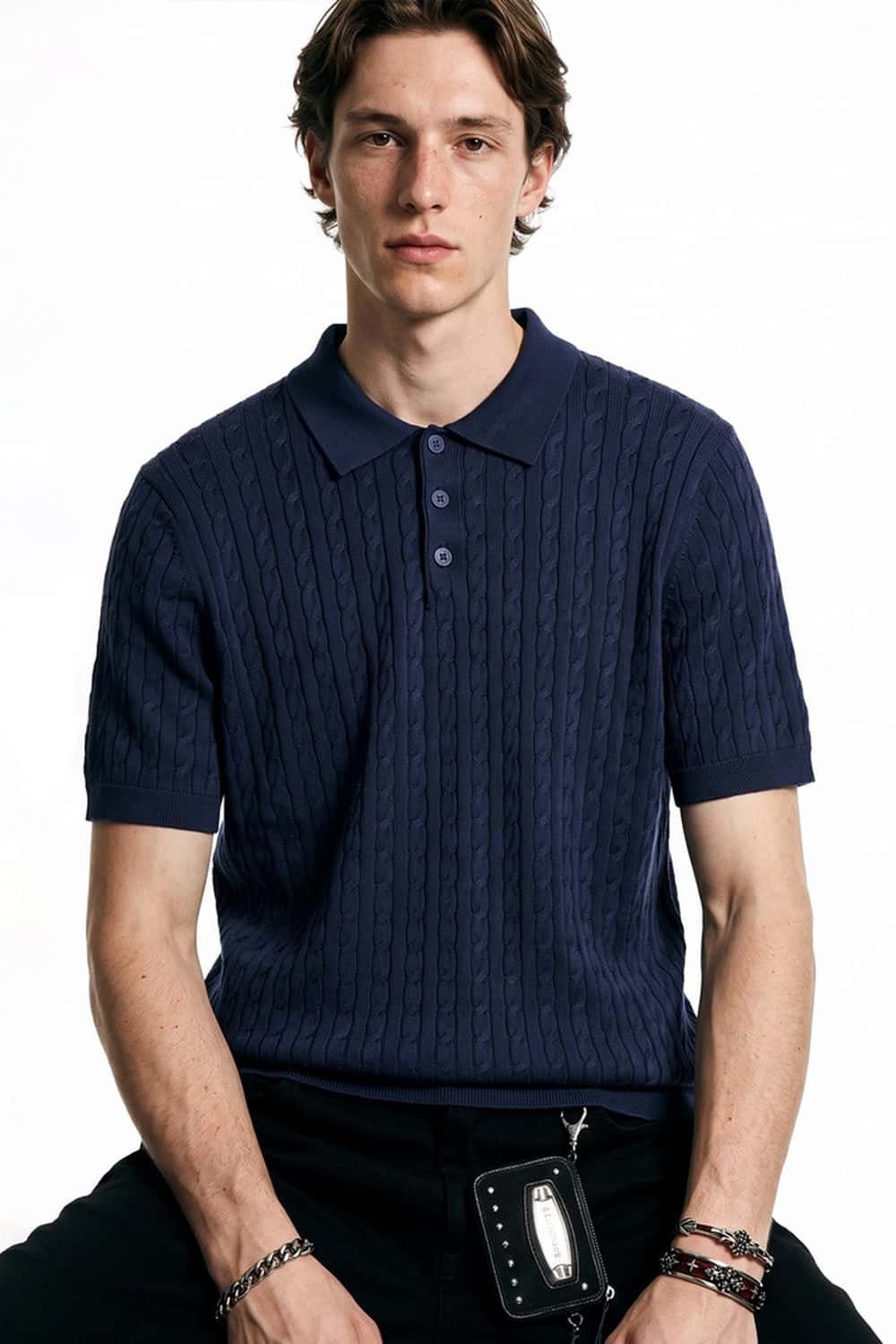Lightweight Cable-Knit Polo Shirt in Navy Blue - front modeled view
