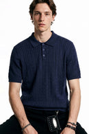Lightweight Cable-Knit Polo Shirt in Navy Blue - front modeled view