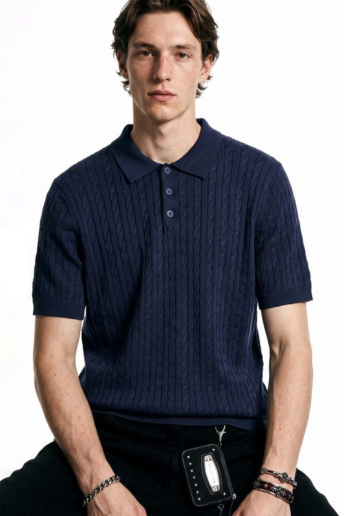 Lightweight Cable-Knit Polo Shirt in Navy Blue - front modeled view