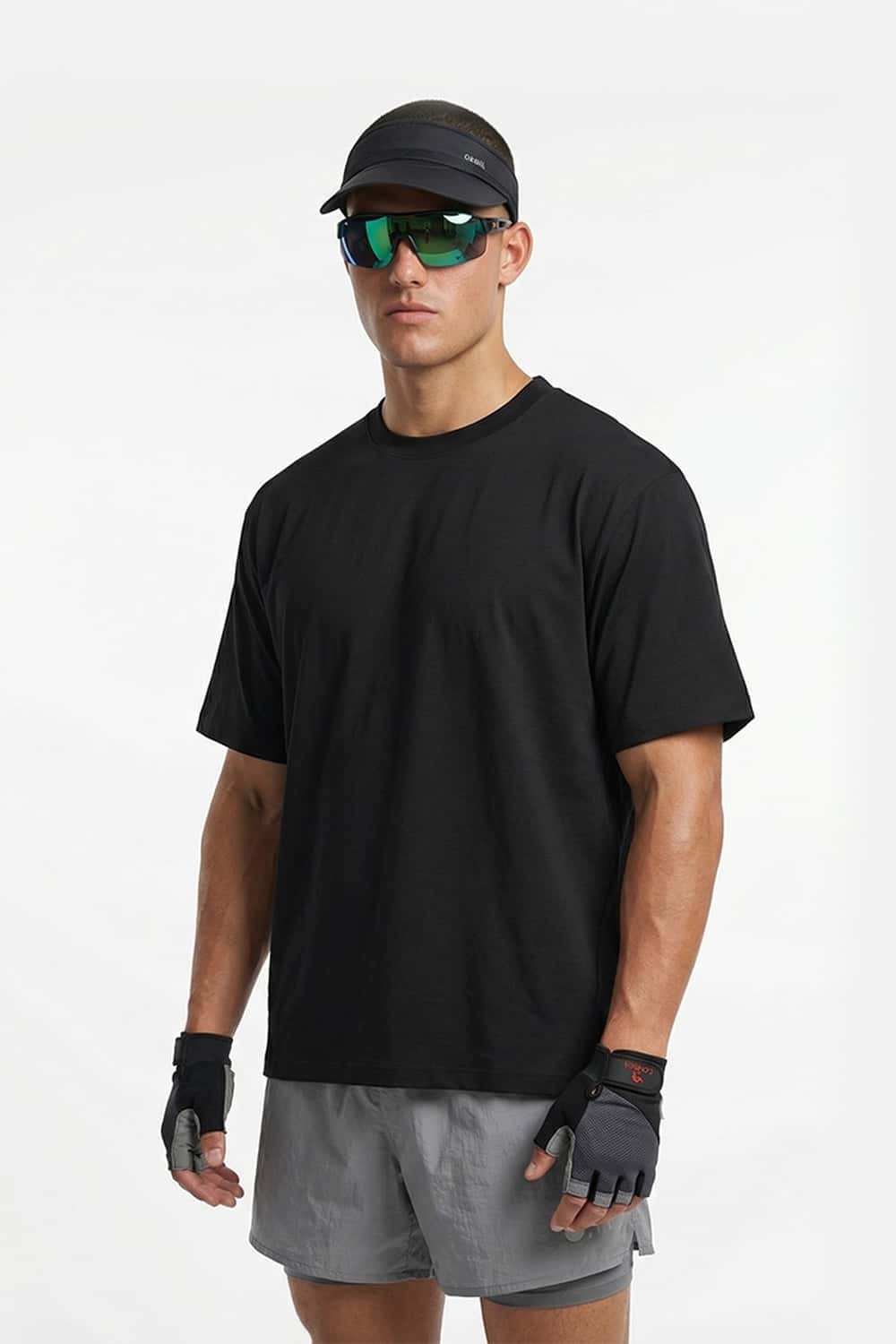 COOLMAX Quick-Drying T-Shirt in Black - three-quarter front modeled view