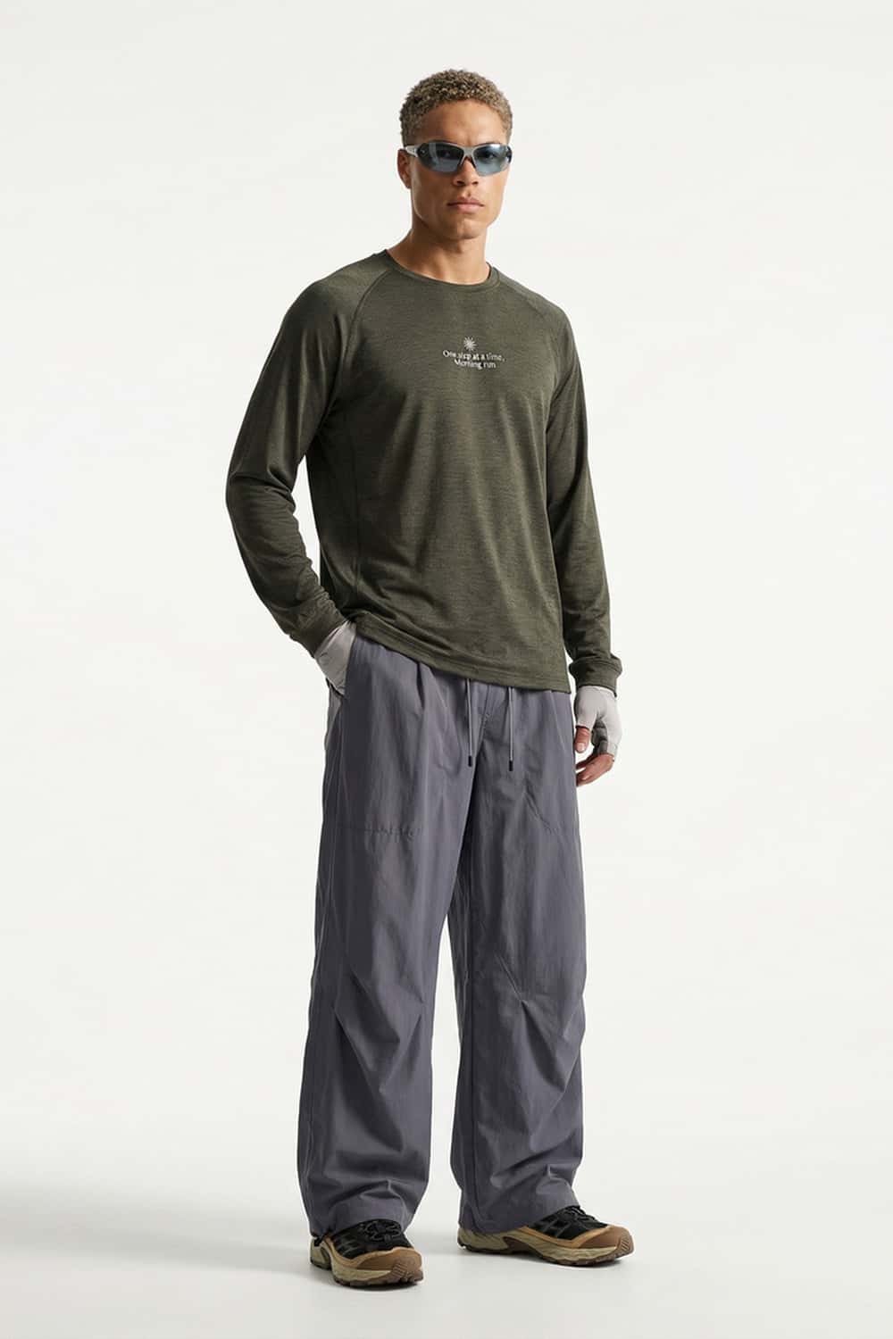 Waterproof Wide-Leg Drawcord Trousers in Dark Gray - full-length front modeled view