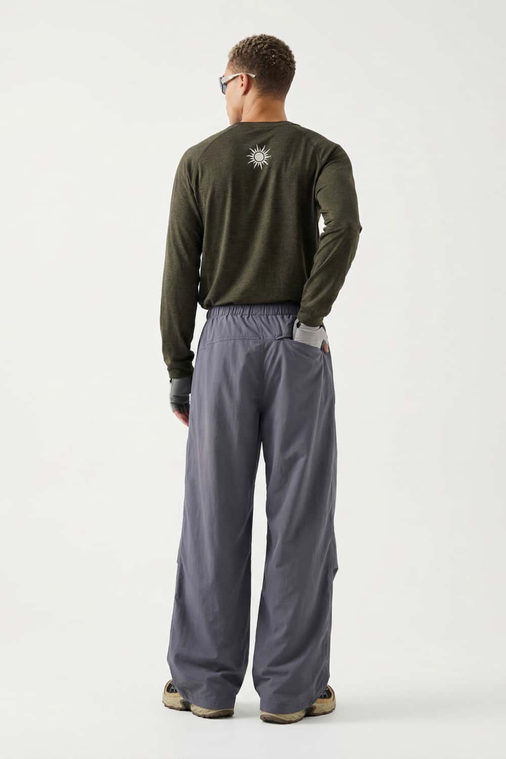 Waterproof Wide-Leg Drawcord Trousers in Dark Gray - full-length back modeled view