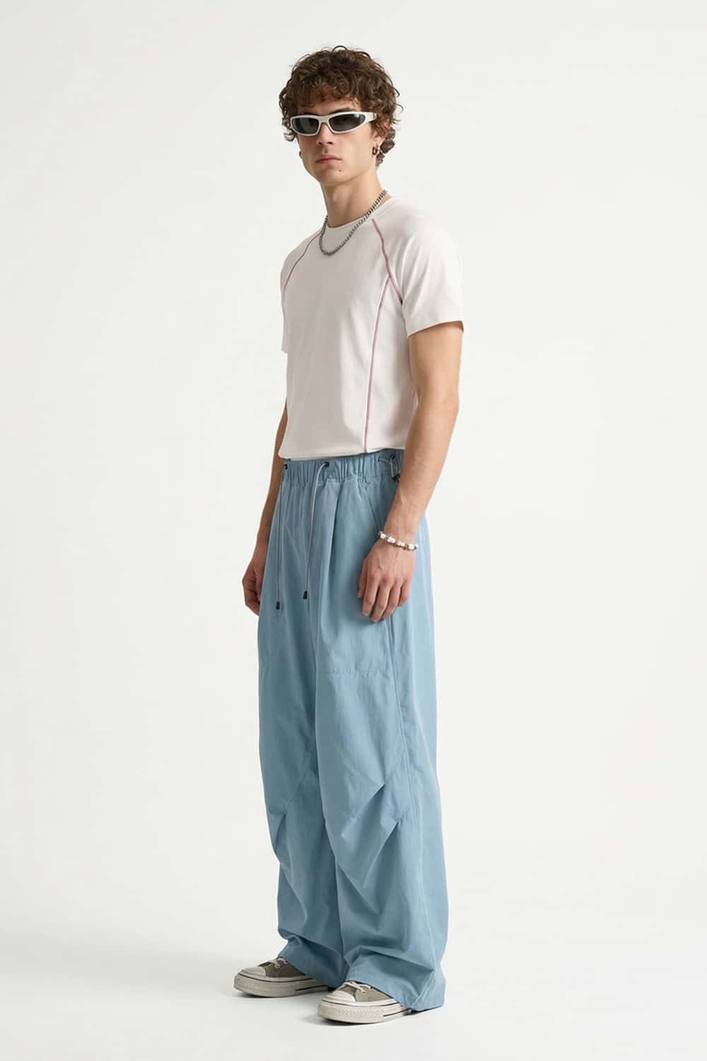 Waterproof Wide-Leg Drawcord Trousers in Lake Blue - full-length front modeled view