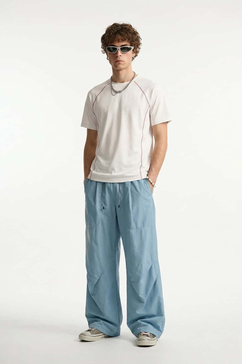 Waterproof Wide-Leg Drawcord Trousers in Lake Blue - full-length front modeled view