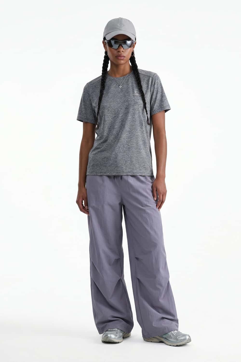 Waterproof Wide-Leg Drawcord Trousers in Light Purple - full-length front modeled view
