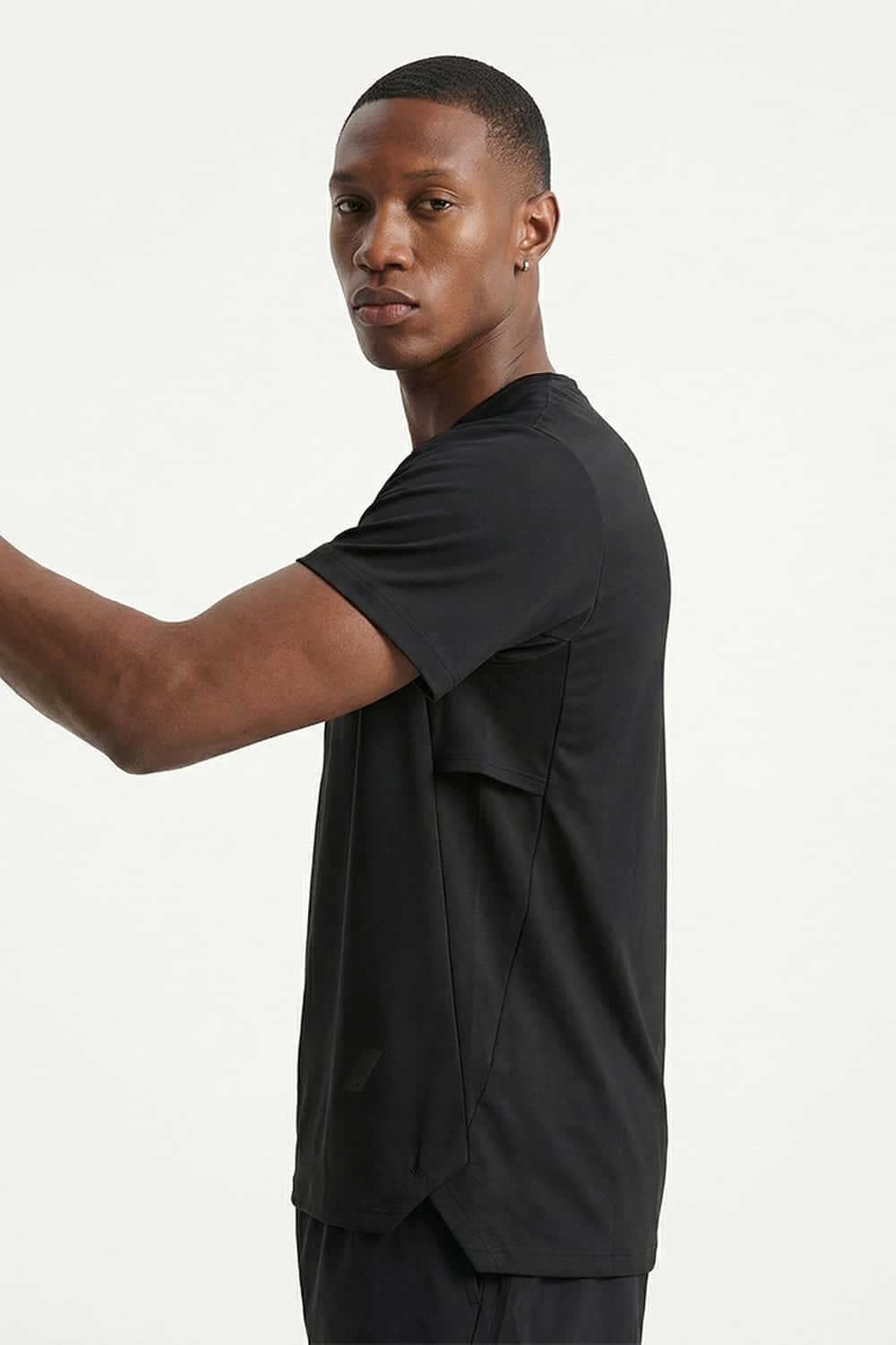 Moisture-Wicking Panelled Performance T-Shirt in Black - side modeled view
