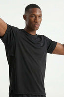 Moisture-Wicking Panelled Performance T-Shirt in Black - front modeled view