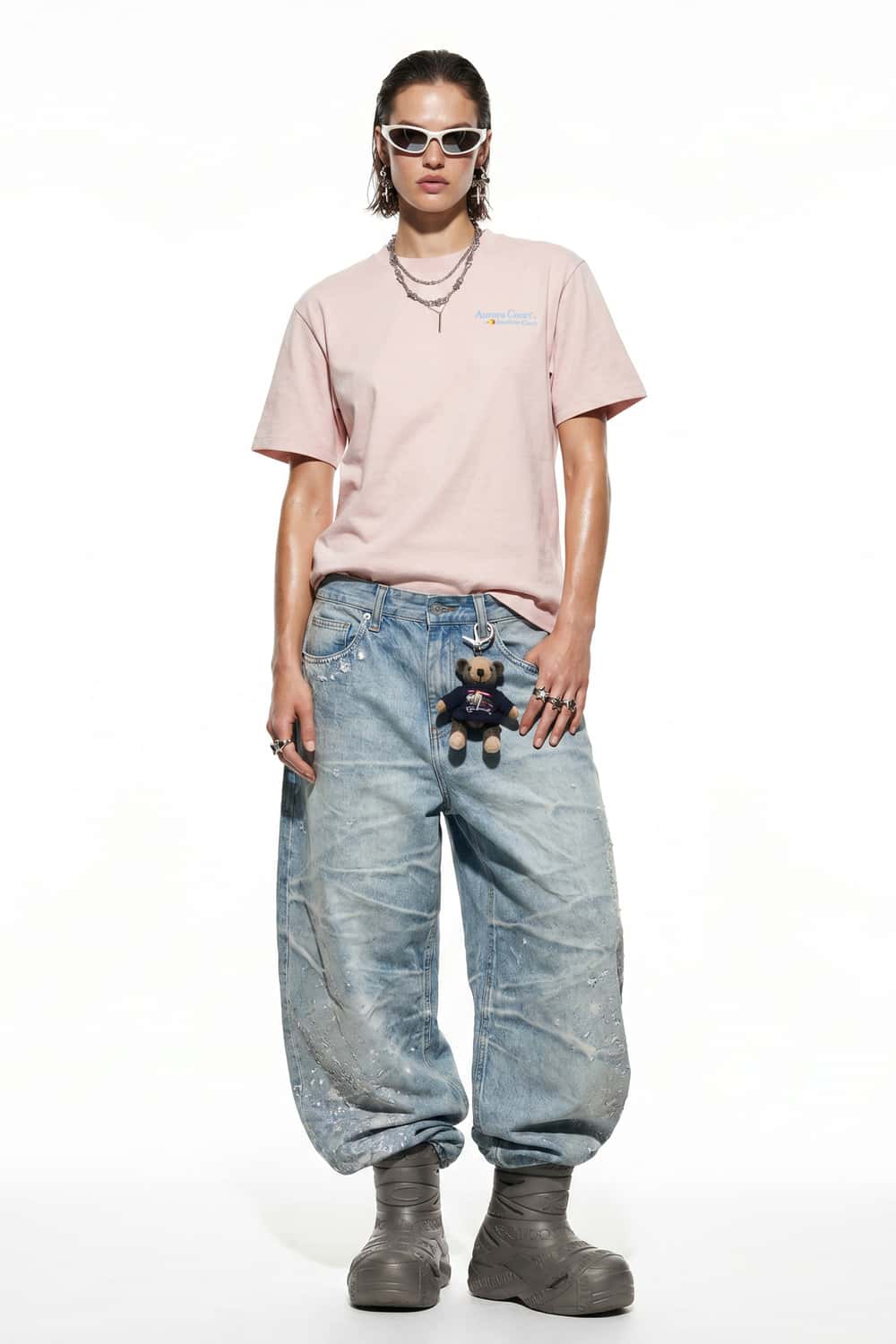 Tennis Club Graphic Cotton-Blend T-Shirt in Pale Pink - full-length front modeled view