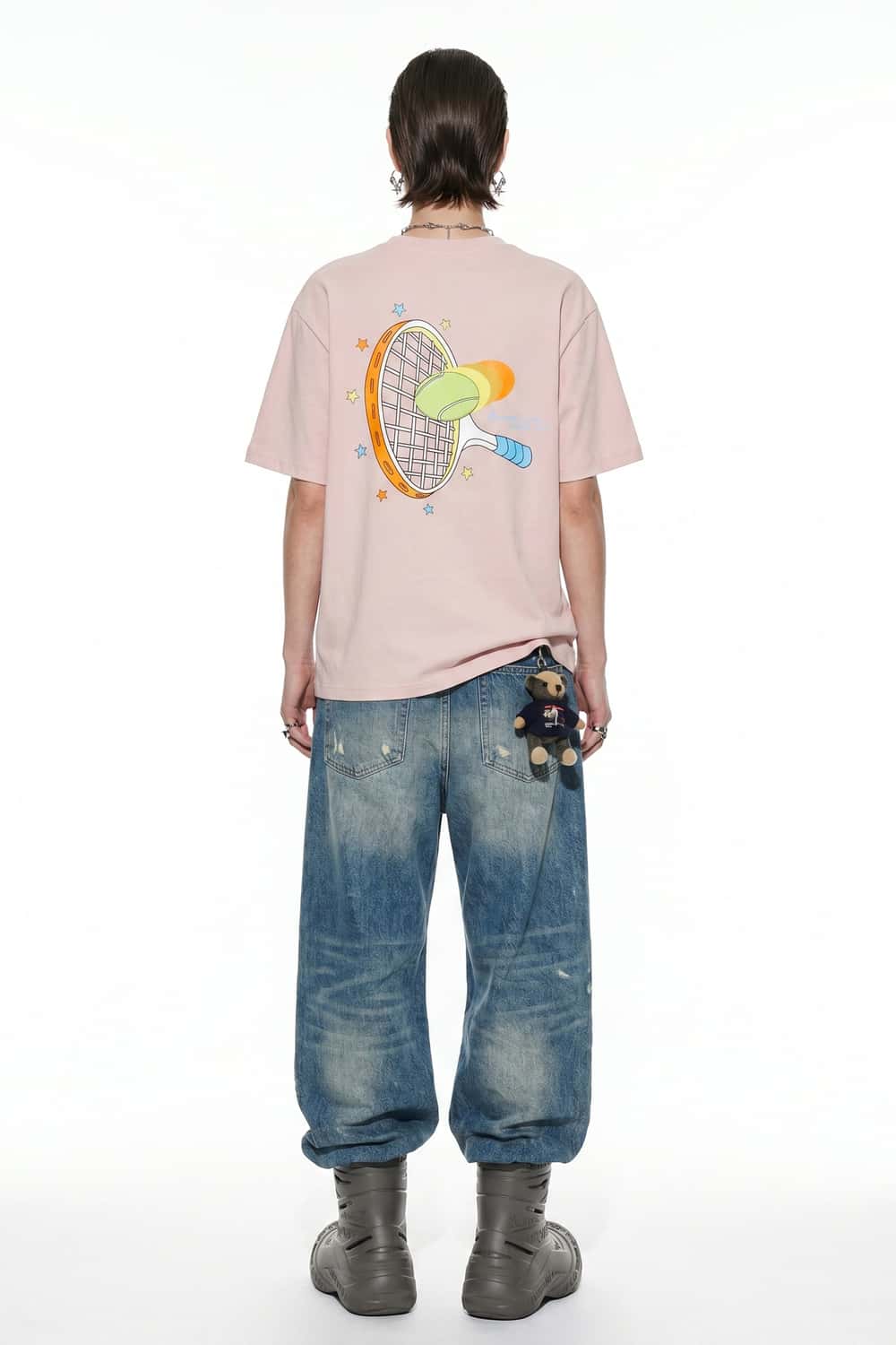 Tennis Club Graphic Cotton-Blend T-Shirt in Pale Pink - full-length back modeled view