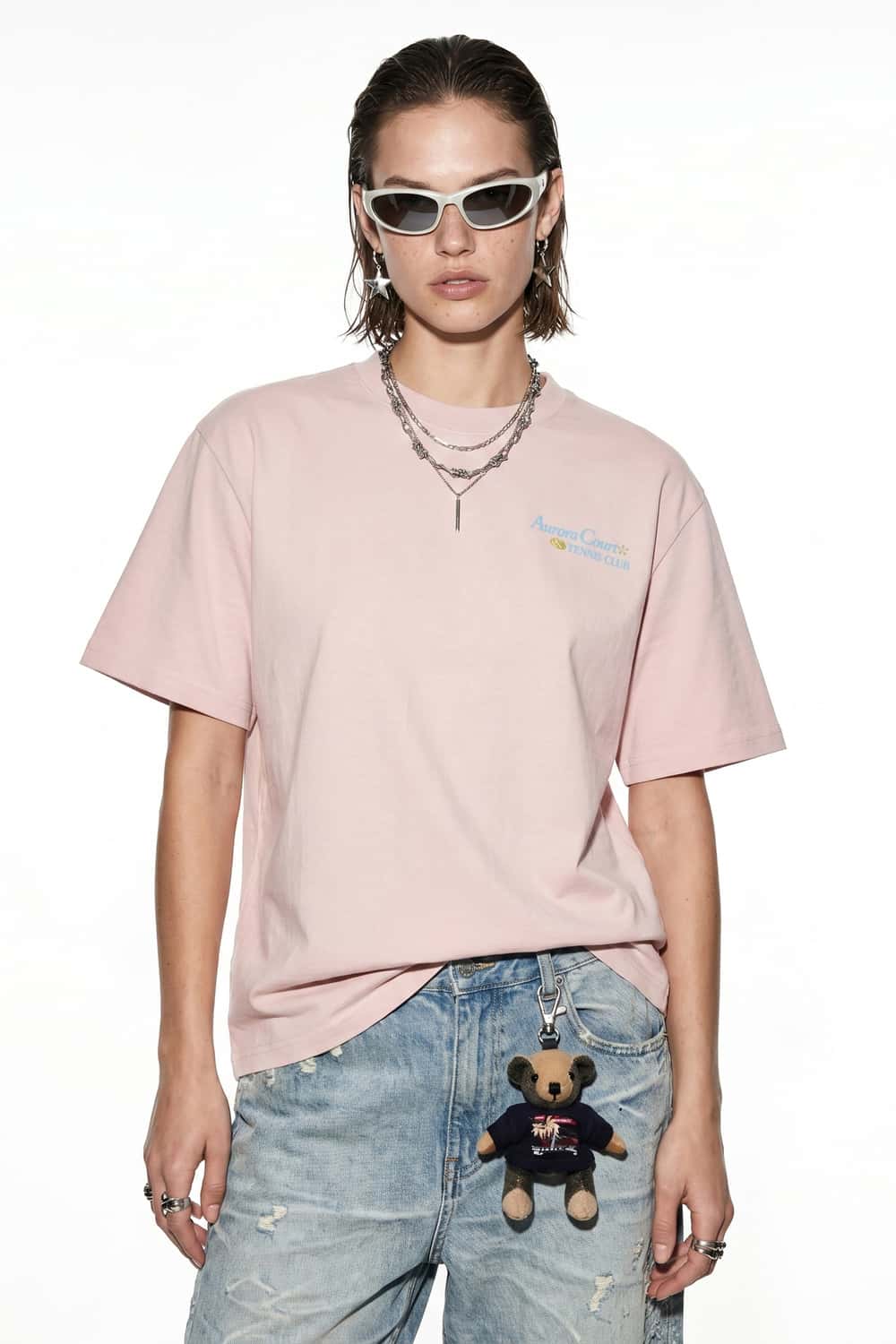 Tennis Club Graphic Cotton-Blend T-Shirt in Pale Pink - front modeled view