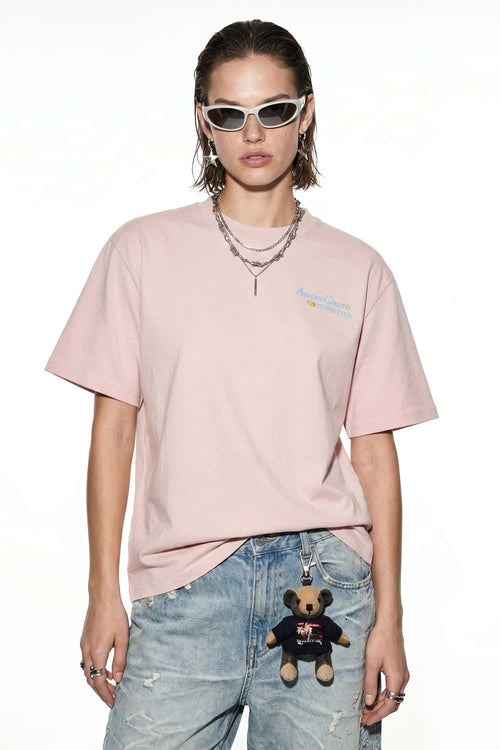Tennis Club Graphic Cotton-Blend T-Shirt in Pale Pink - front modeled view