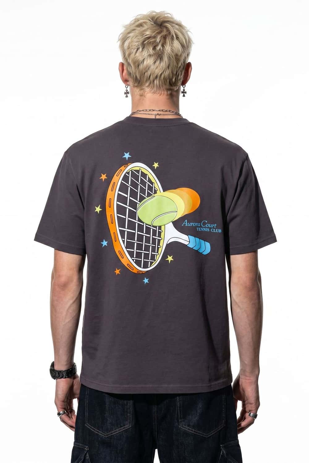 Tennis Club Graphic Cotton-Blend T-Shirt in Plum Purple - back modeled view
