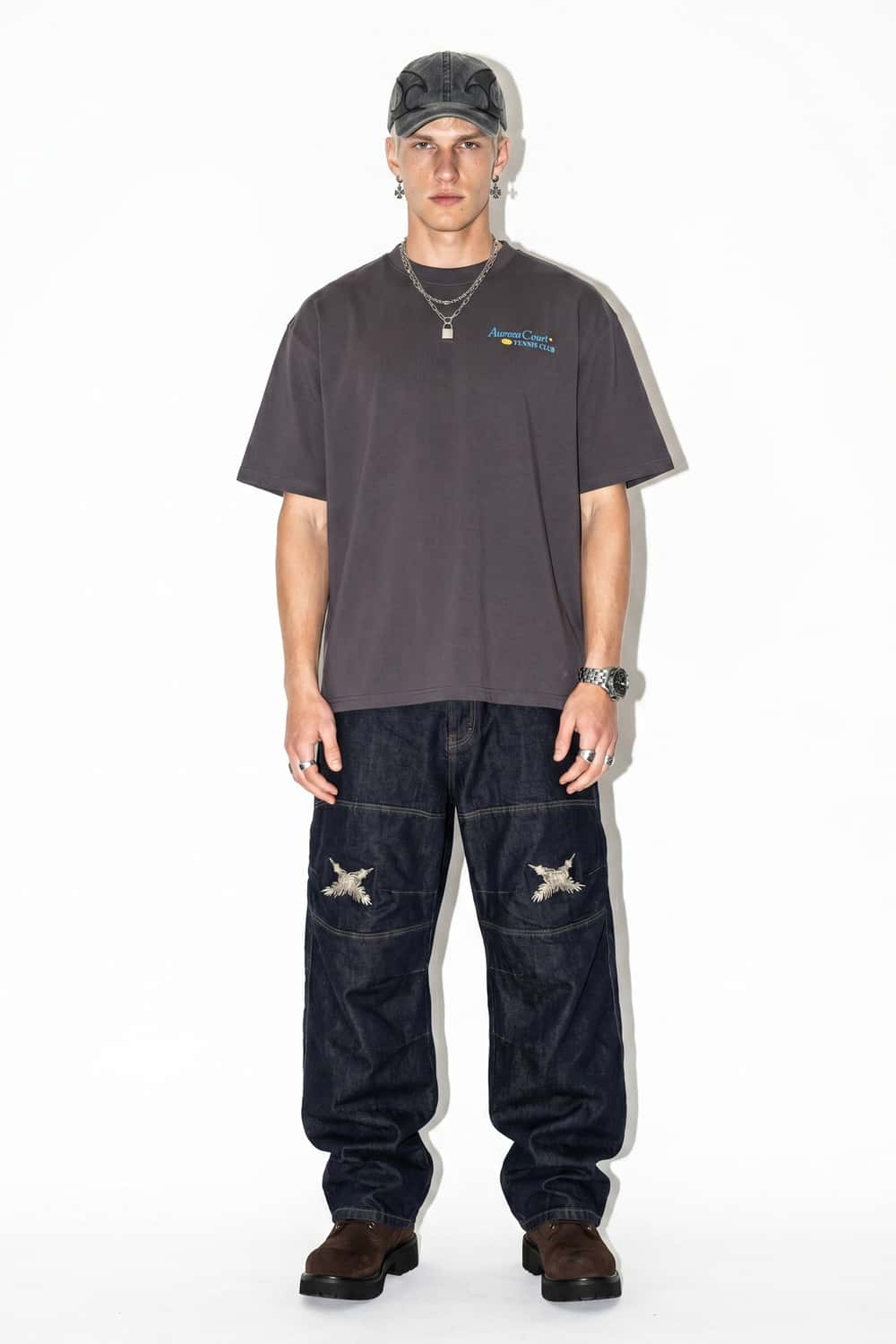 Tennis Club Graphic Cotton-Blend T-Shirt in Plum Purple - full-length front modeled view