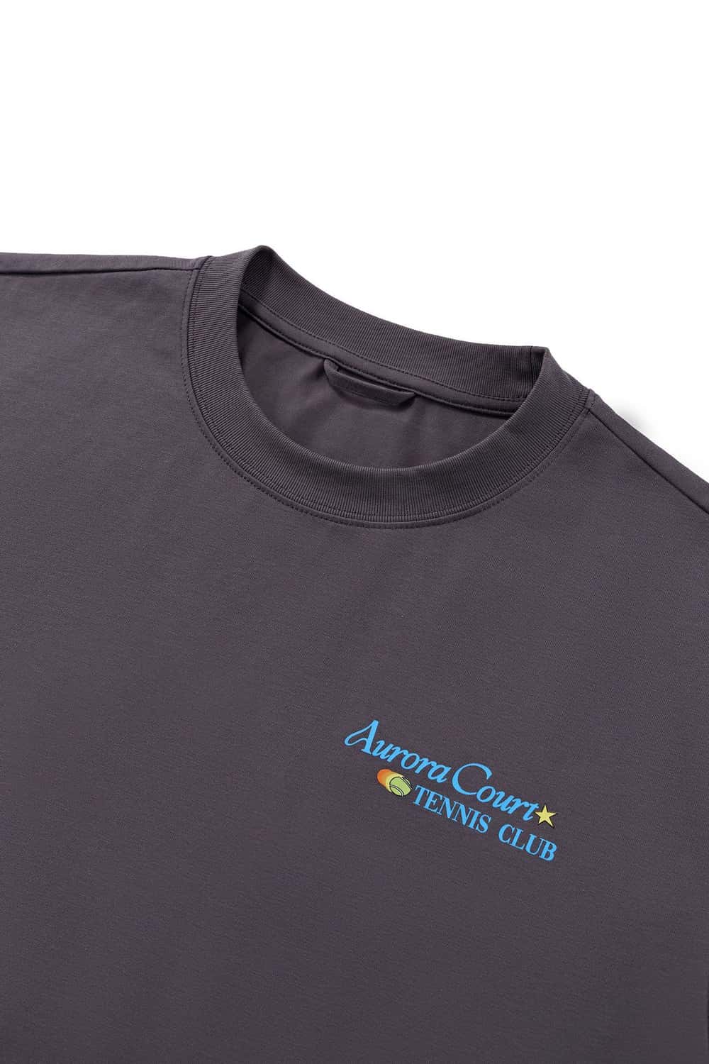 Tennis Club Graphic Cotton-Blend T-Shirt in Plum Purple - collar detail