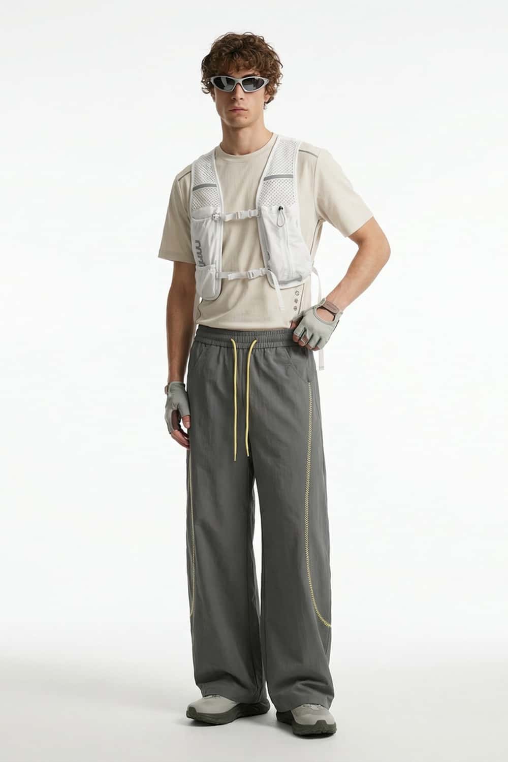 Curved-Trim Wide-Leg Drawcord Pants in Dark Gray - full-length front modeled view