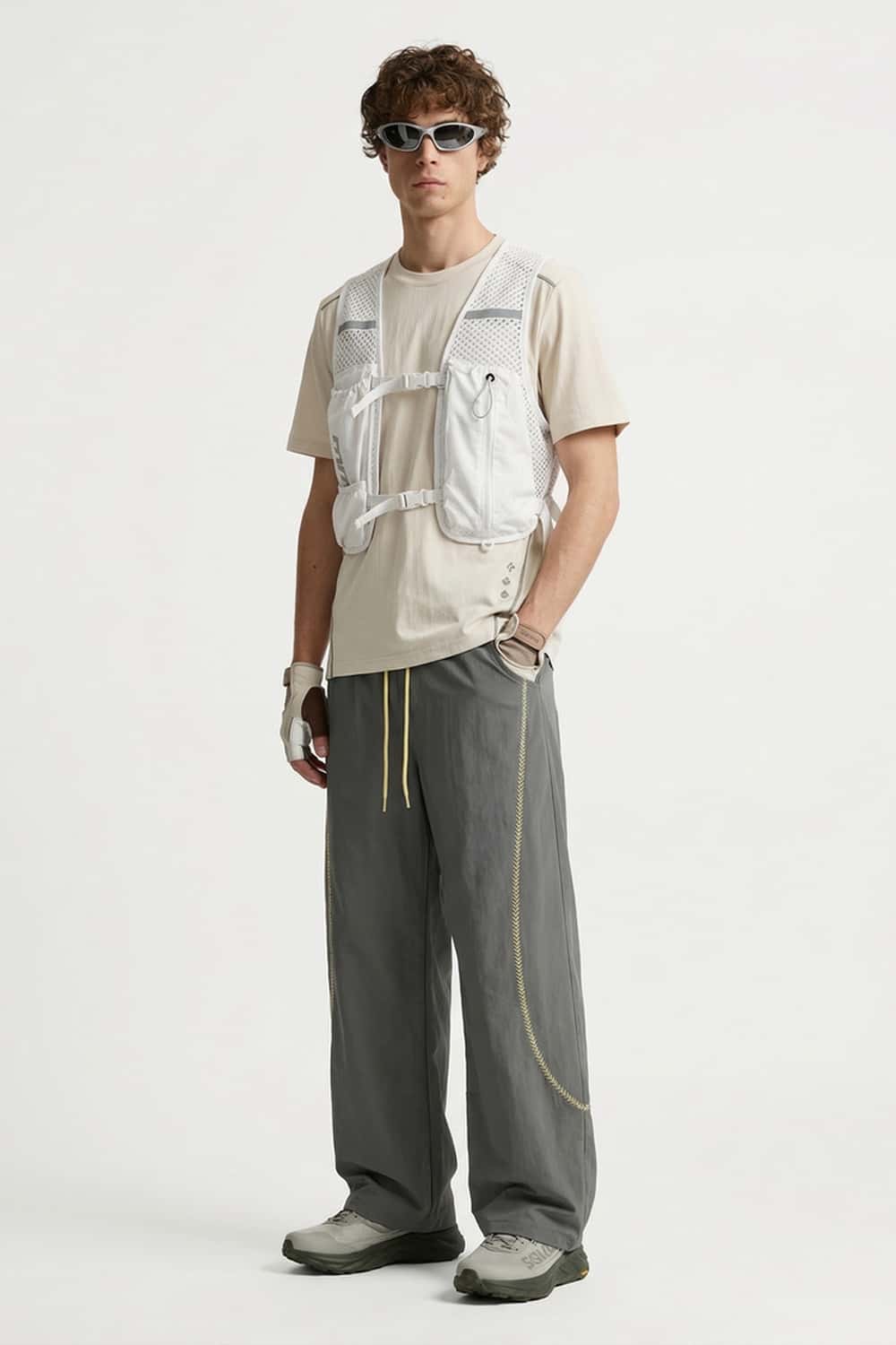 Curved-Trim Wide-Leg Drawcord Pants in Dark Gray - full-length front modeled view