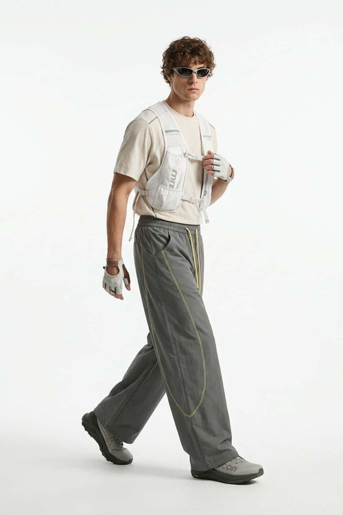 Curved-Trim Wide-Leg Drawcord Pants in Dark Gray - three-quarter front modeled view