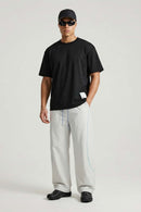 Curved-Trim Wide-Leg Drawcord Pants in Gray - full-length front modeled view