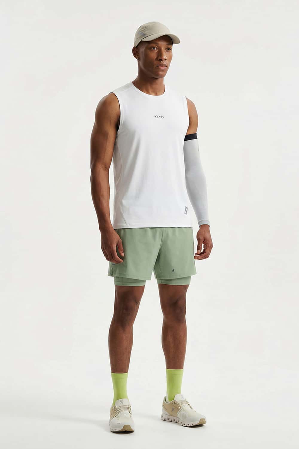 High-Stretch Panelled Training Tank in White - full-length front modeled view