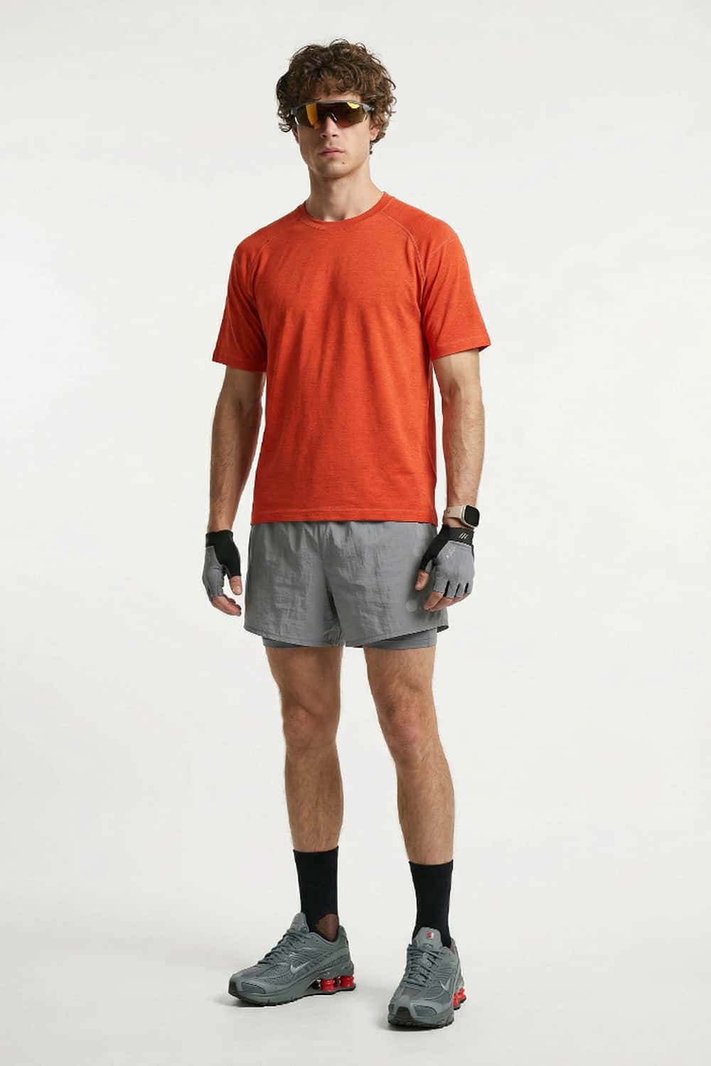 Reflective Perforated Performance T-Shirt in Grayish Orange - full-length front modeled view