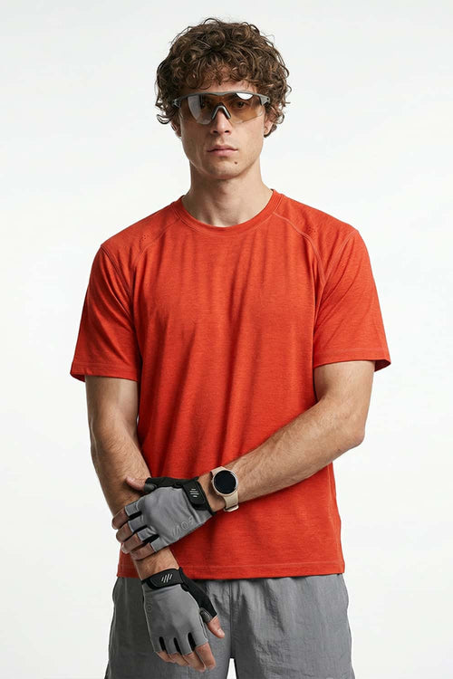 Reflective Perforated Performance T-Shirt in Grayish Orange - front modeled close-up