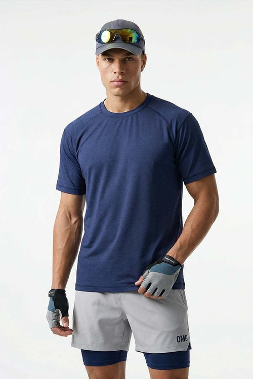 Reflective Perforated Performance T-Shirt in Royal Blue - full-length front modeled view