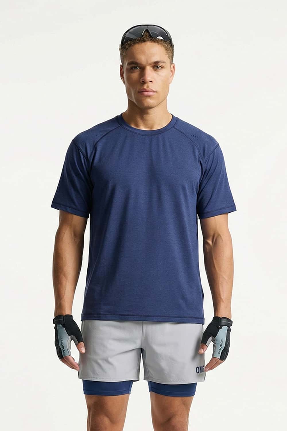 Reflective Perforated Performance T-Shirt in Royal Blue - full-length front modeled view