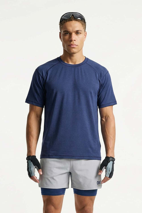 Reflective Perforated Performance T-Shirt in Royal Blue - full-length front modeled view