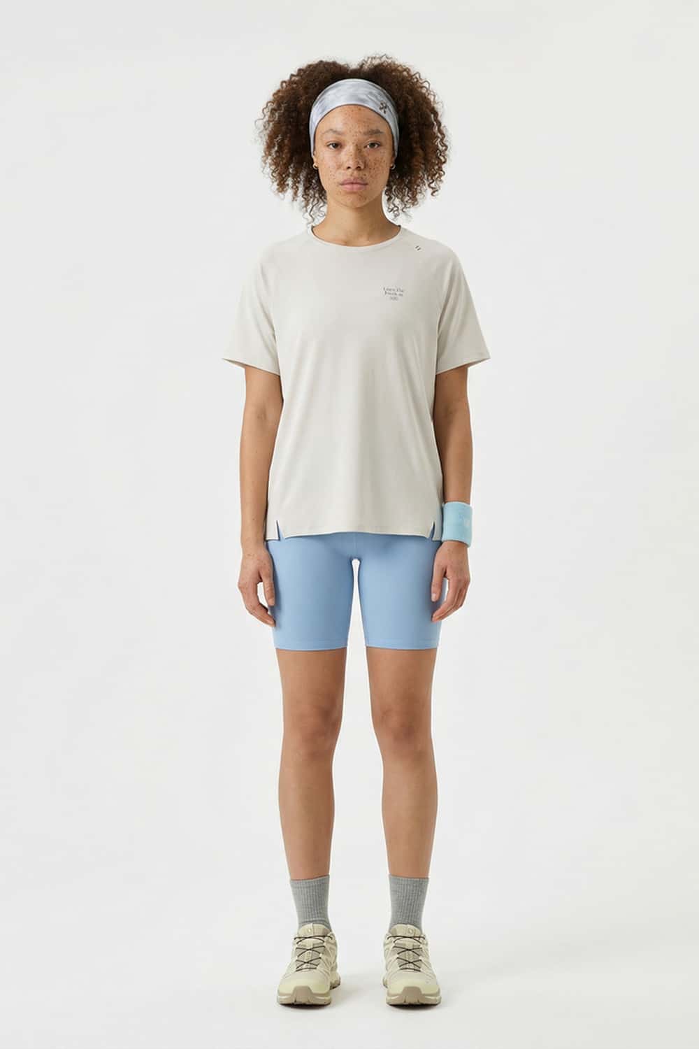 Breathable Lyocell-Wool Blend T-Shirt in Sand - full-length front modeled view