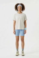 Breathable Lyocell-Wool Blend T-Shirt in Sand - full-length front modeled view
