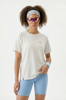 Breathable Lyocell-Wool Blend T-Shirt in Sand - front modeled close-up