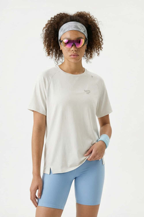 Breathable Lyocell-Wool Blend T-Shirt in Sand - front modeled close-up