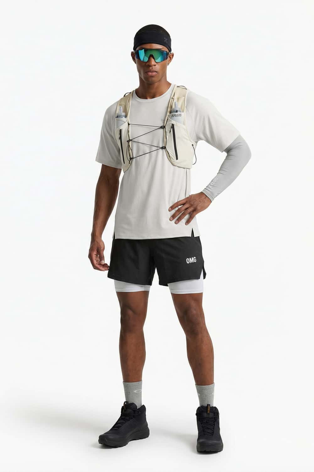 Breathable Lyocell-Wool Blend T-Shirt in Sand - full-length front modeled view