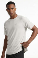 Breathable Lyocell-Wool Blend T-Shirt in Sand - front modeled close-up