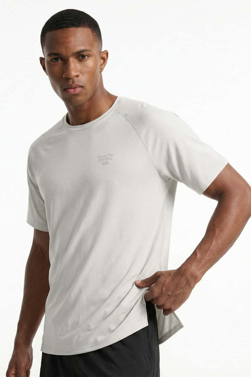 Breathable Lyocell-Wool Blend T-Shirt in Sand - front modeled close-up
