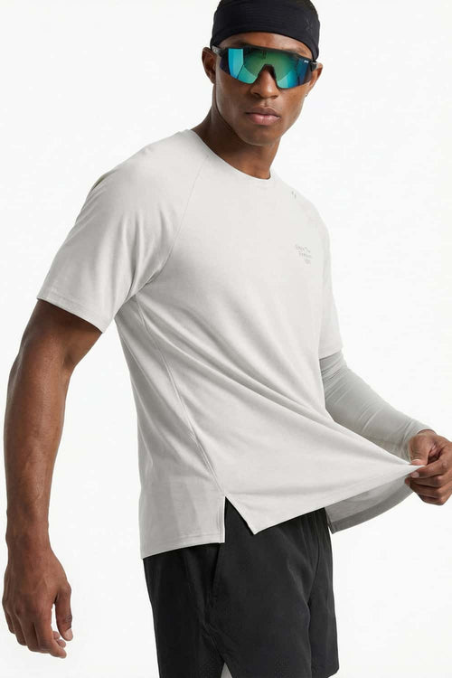 Breathable Lyocell-Wool Blend T-Shirt in Sand - side modeled view