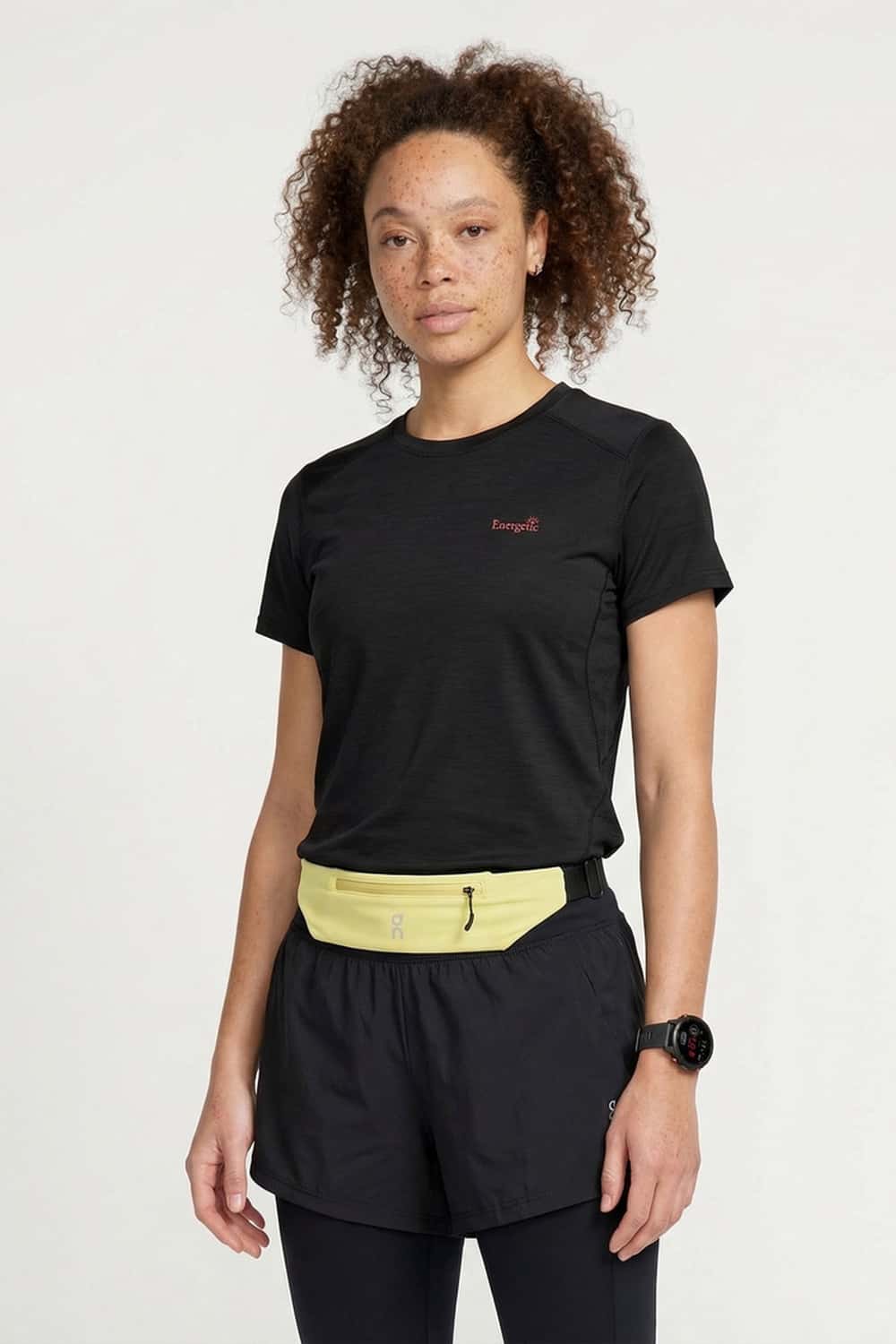 Women's Quick-Drying Panelled Training T-Shirt in Black - front modeled close-up