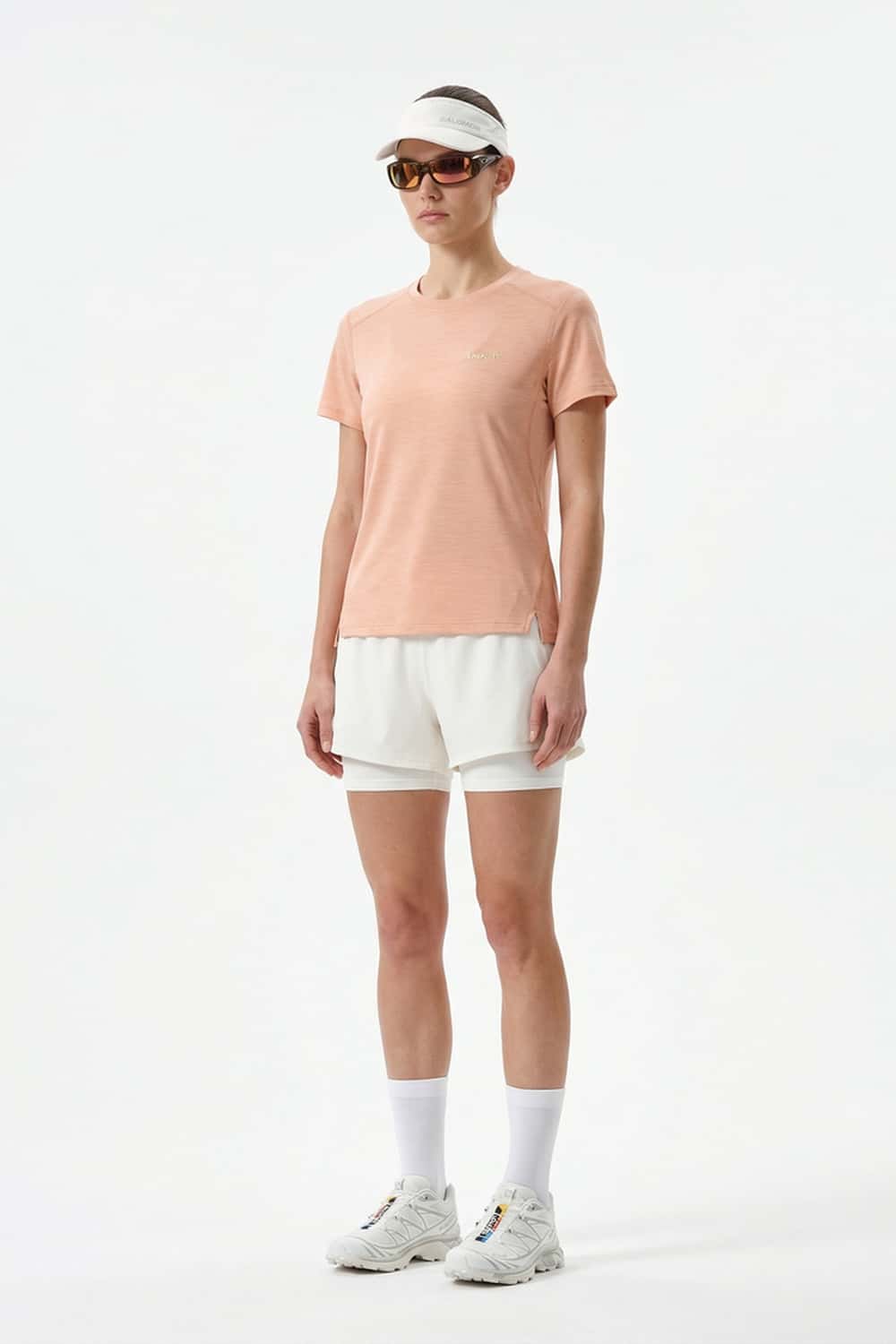 Women's Quick-Drying Panelled Training T-Shirt in Pink - full-length front modeled view