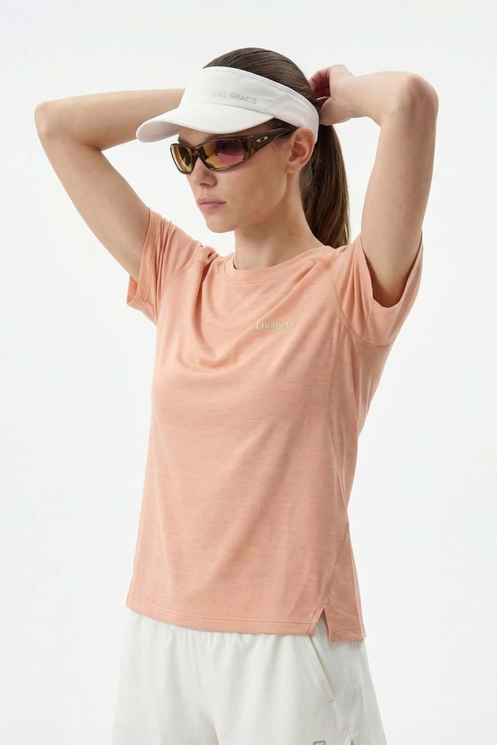 Women's Quick-Drying Panelled Training T-Shirt in Pink - front modeled close-up
