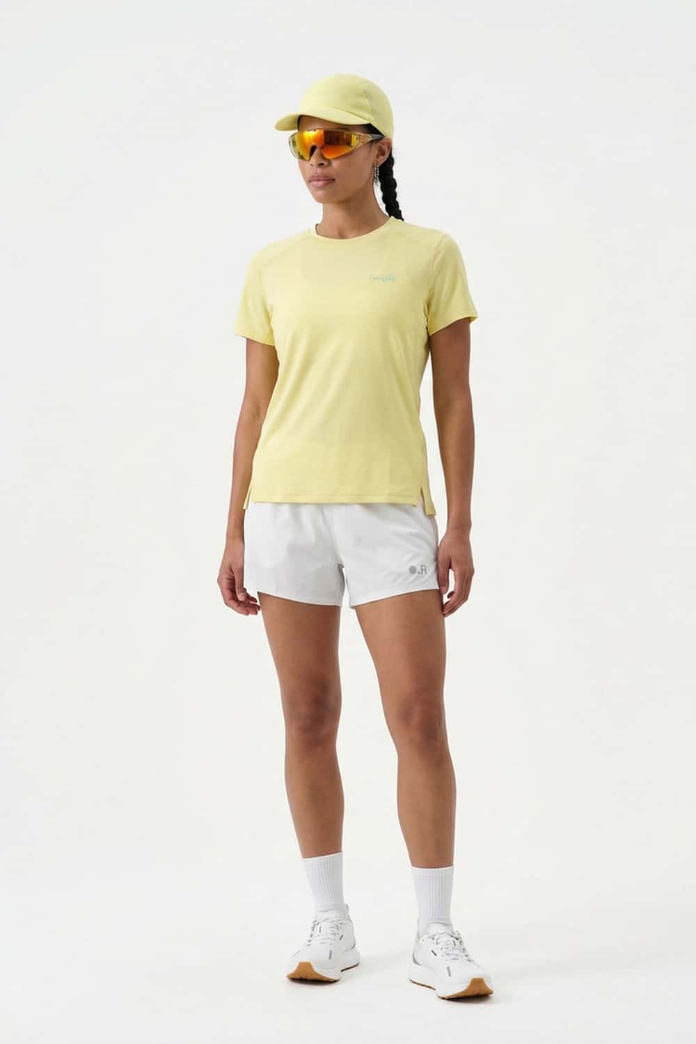 Women's Quick-Drying Panelled Training T-Shirt in Yellow - full-length front modeled view