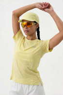 Women's Quick-Drying Panelled Training T-Shirt in Yellow - full-length front modeled view