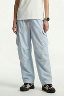 Waterproof Wide-Leg Utility Pants in Baby Blue - front modeled close-up