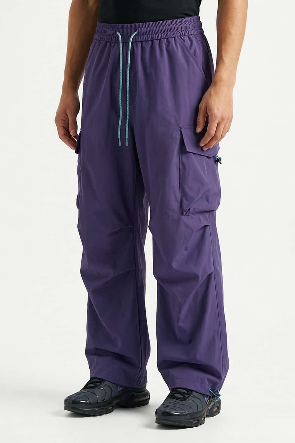Waterproof Wide-Leg Utility Pants in Deep Purple - front modeled close-up