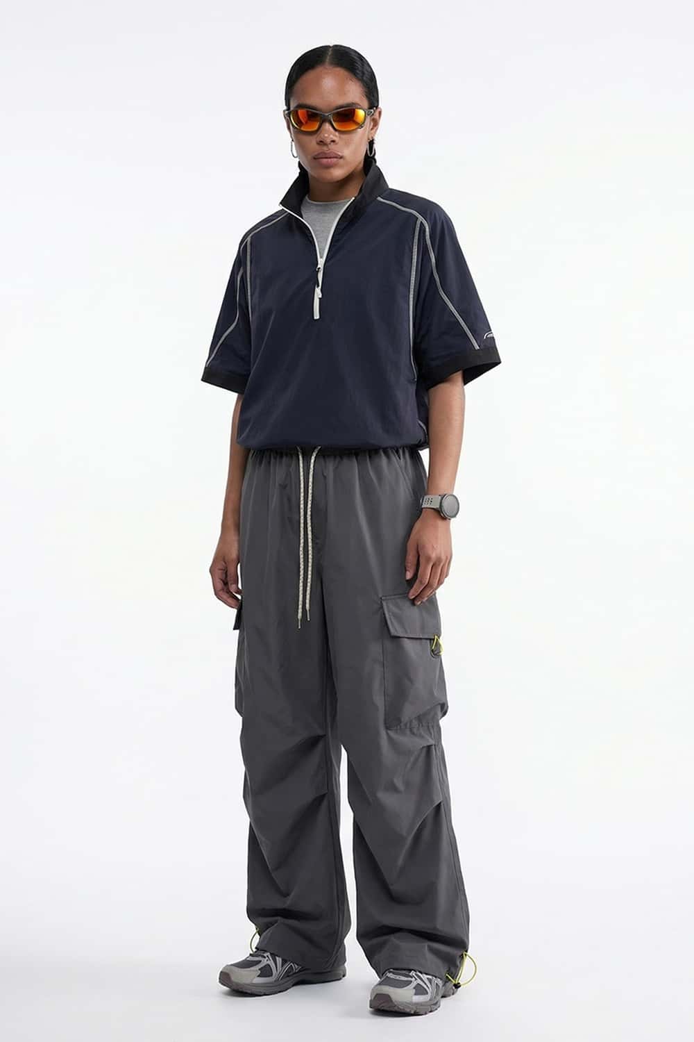 Waterproof Wide-Leg Utility Pants in Gray - full-length front modeled view