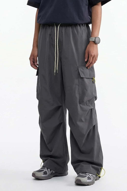Waterproof Wide-Leg Utility Pants in Gray - front modeled close-up