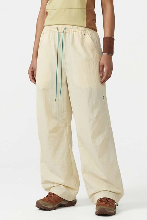 Waterproof Wide-Leg Utility Pants in Khaki - front modeled close-up