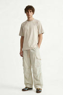 Waterproof Wide-Leg Utility Pants in Khaki - full-length front modeled view