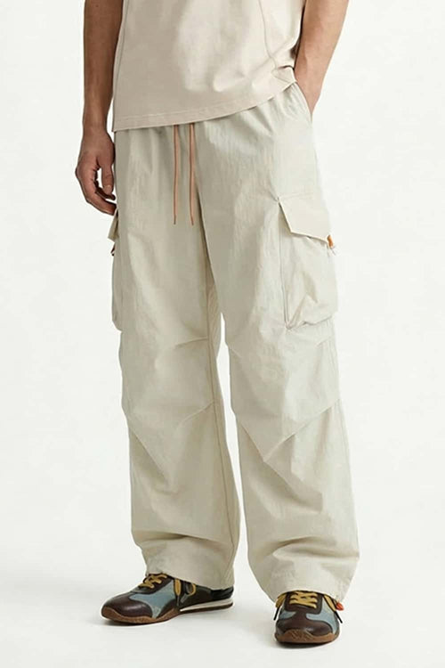 Waterproof Wide-Leg Utility Pants in Khaki - front modeled close-up